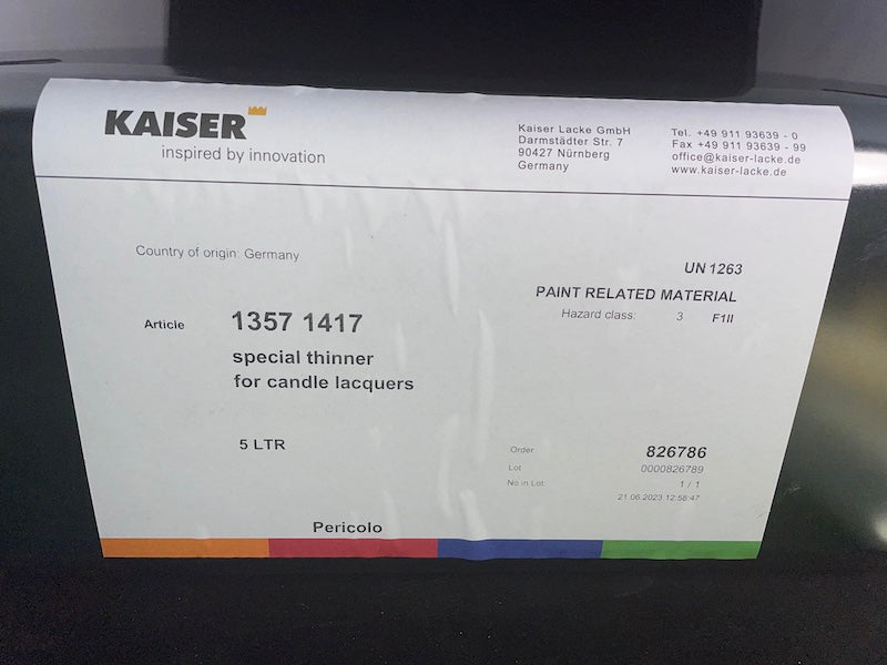 Solvente  per lacche della Kaiser Lacke  con codice  1101, 1102, 1113, 1116 - UN 1263 PAINT RELATED MATERIAL; 3; II; (D/E)   (Special provisions 640 D)