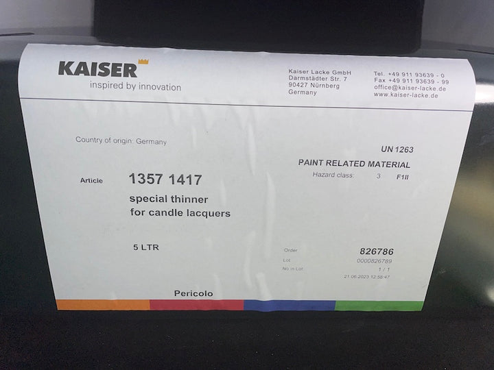 Solvente  per lacche della Kaiser Lacke  con codice  1101, 1102, 1113, 1116 - UN 1263 PAINT RELATED MATERIAL; 3; II; (D/E)   (Special provisions 640 D)