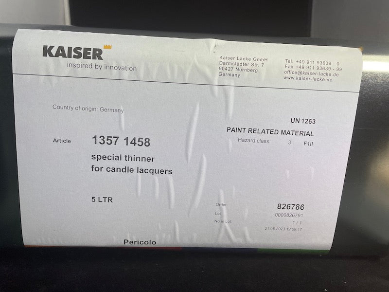 Solvente per lacche della Kaiser Lacke  con codice  1104, 1105, 1106, 1107, 1114, 1115, 1117- UN 1263 PAINT RELATED MATERIAL; 3; II; D/E   (Special provisions 640 D)
