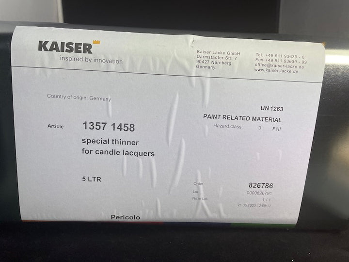 Solvente per lacche della Kaiser Lacke  con codice  1104, 1105, 1106, 1107, 1114, 1115, 1117- UN 1263 PAINT RELATED MATERIAL; 3; II; D/E   (Special provisions 640 D)