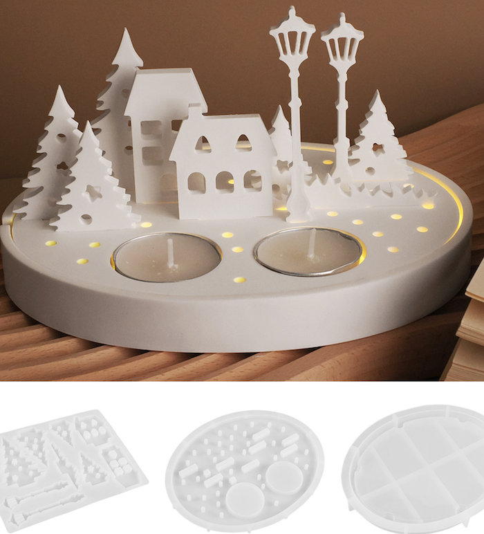 Stampo per vassoio con albero Natale, lampioni casette