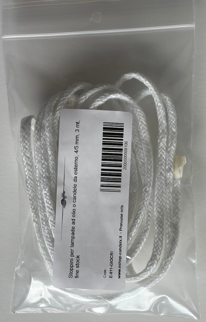 Stoppini per lampade ad olio o candele da esterno, 4/5 mm, 3 mt, fine stock