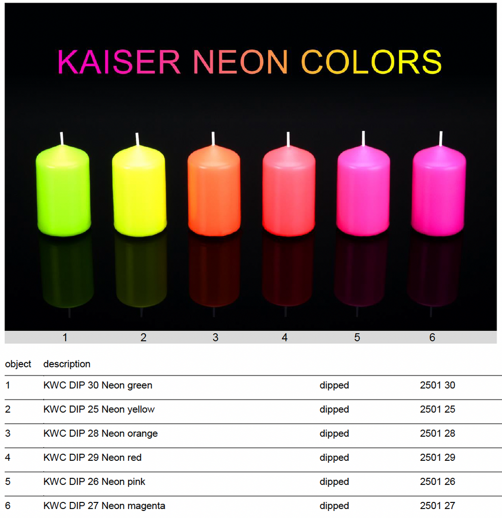 Candele colorate Kaiser NEON: verde, giallo, arancio, rosso, rosa e magenta, con tabella dei codici