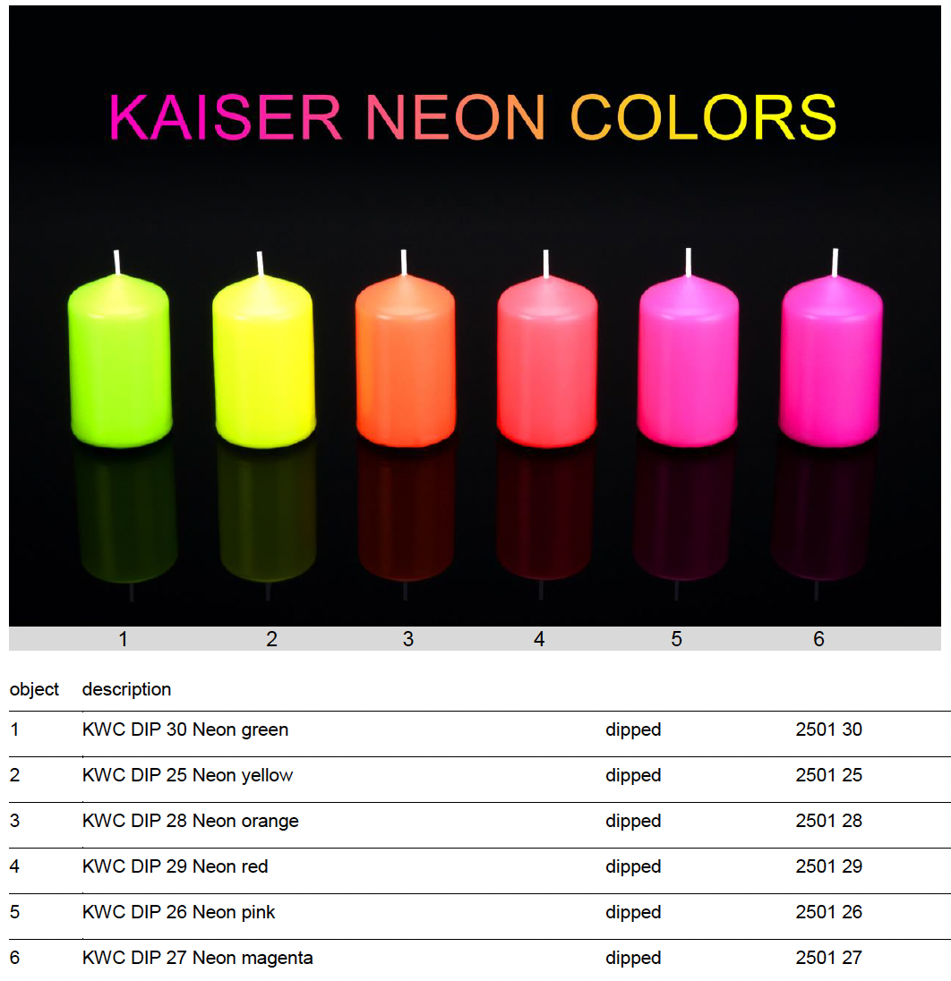 Candele colorate Kaiser NEON: verde, giallo, arancio, rosso, rosa e magenta, con tabella dei codici